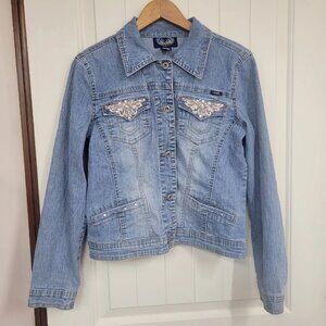 Angels Jacket Womens S Blue Denim Embroidered Bejeweled Long Sleeve Jean Jacket